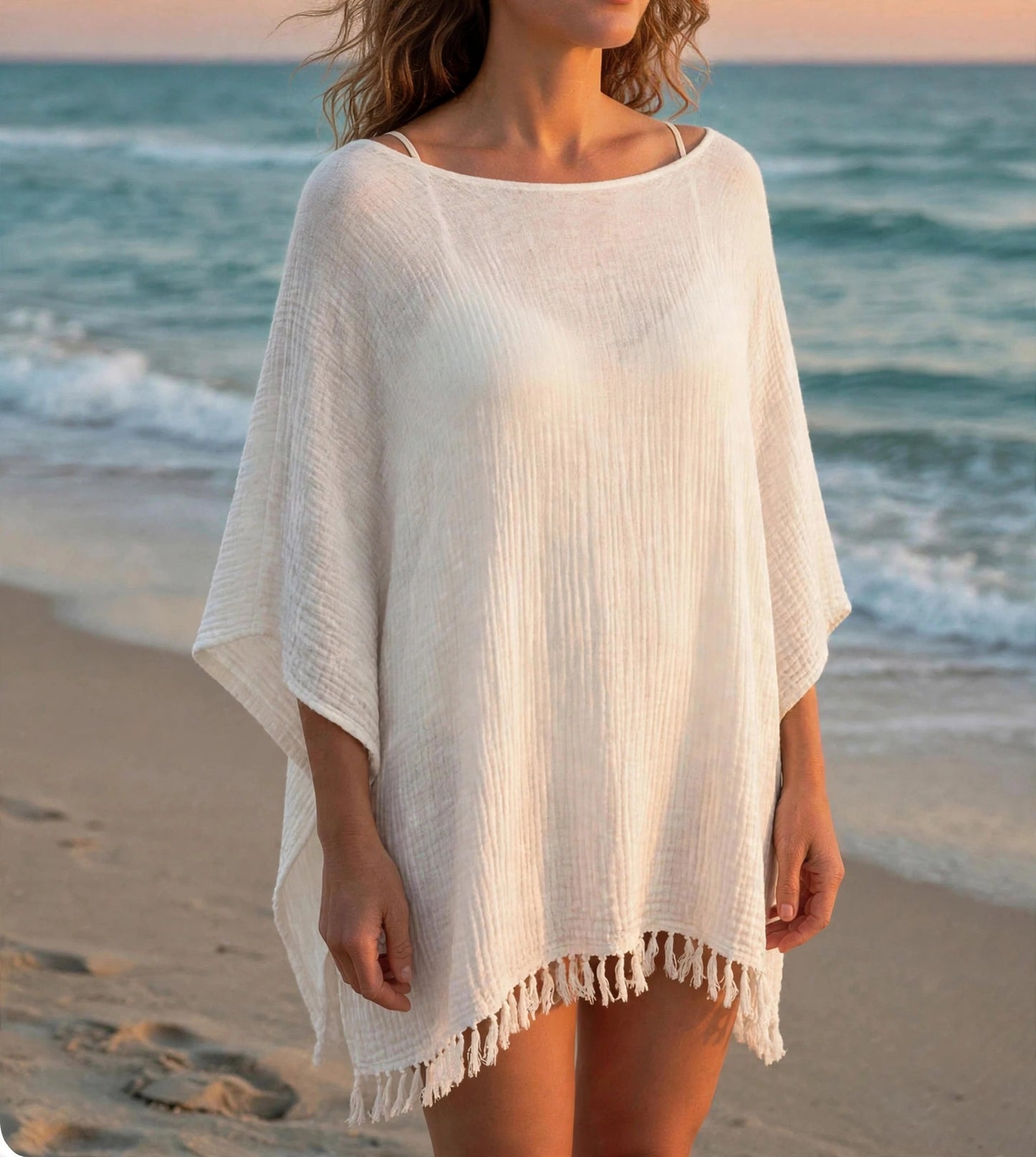 Resort Havana light cashmere Silk poncho cover up fringes alabaster white