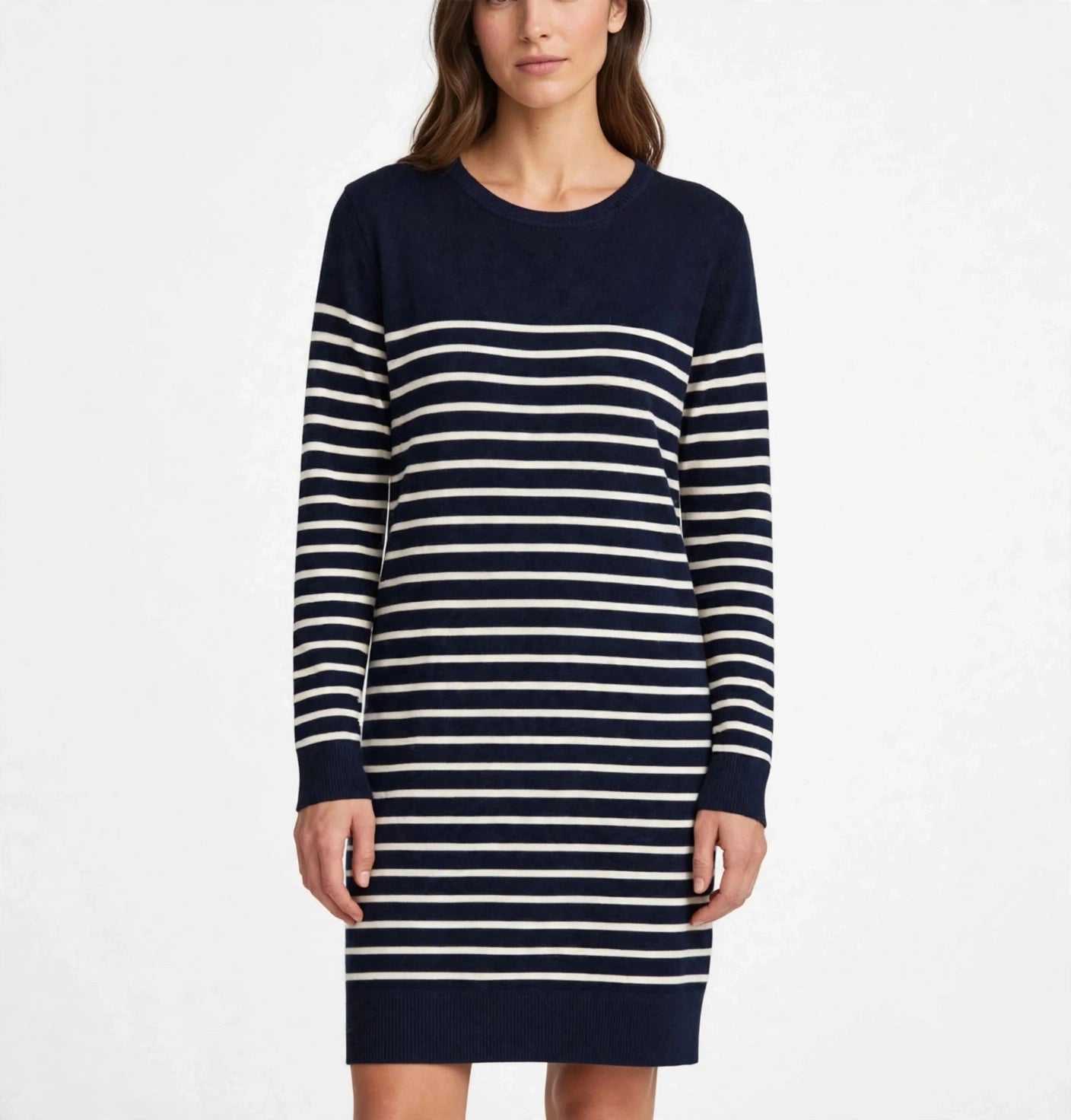 Cashmere silk crew neck sweater dress off white navy striped