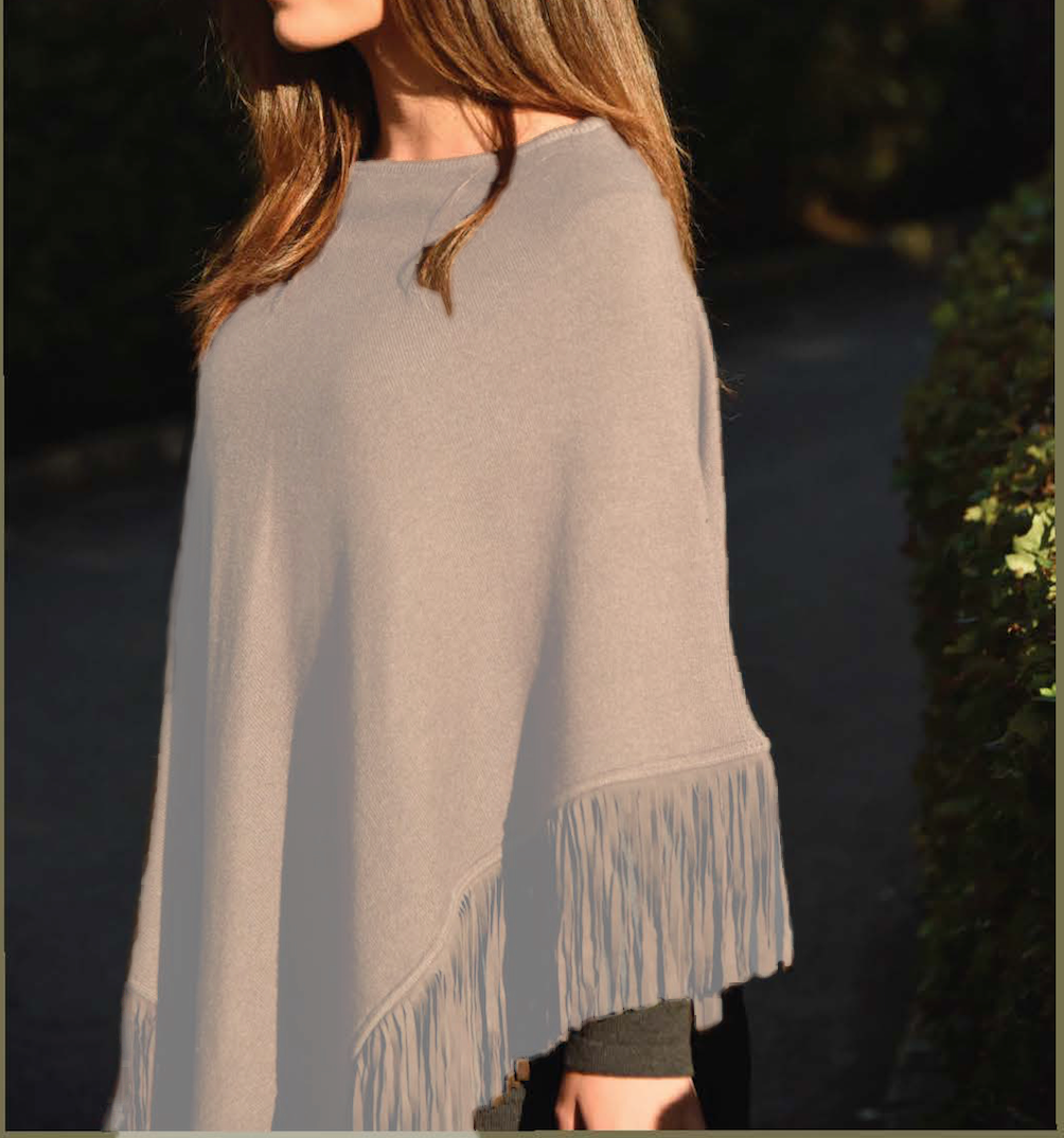 Cashmere poncho with fringe cognac