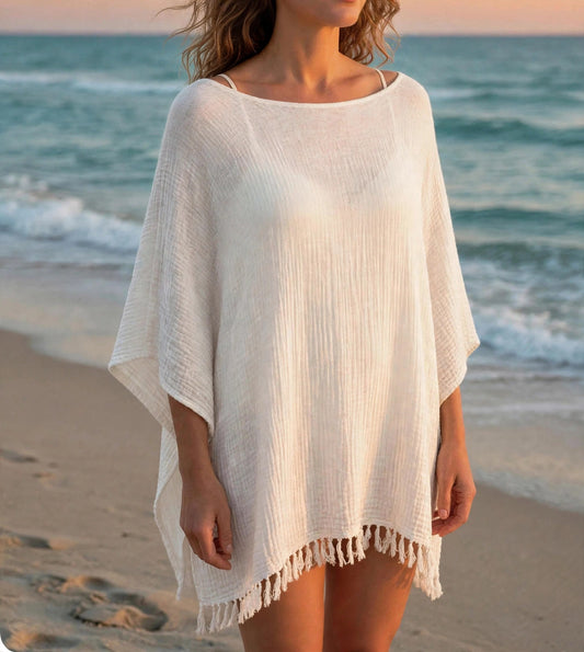 Resort Havana light cashmere Silk poncho cover up fringes alabaster white