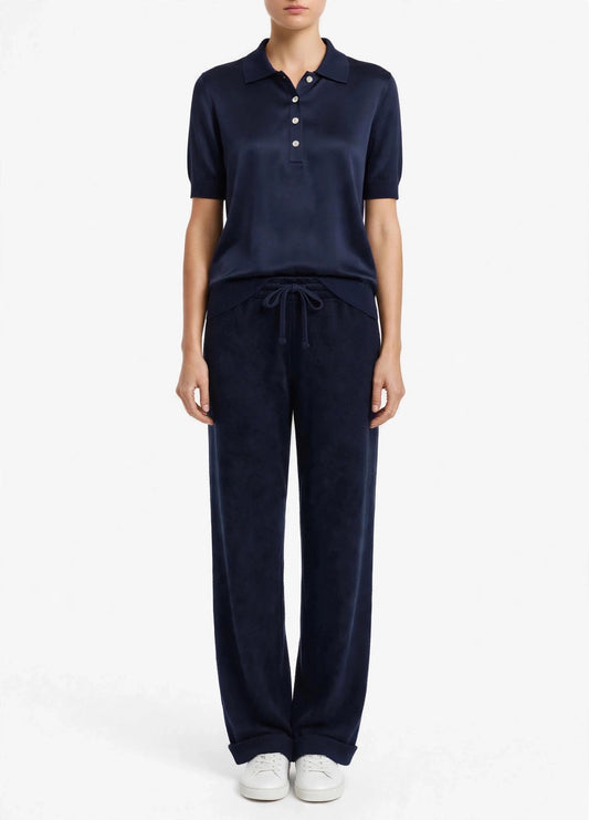 Cashmere polo Silk crew short sleeve sweater navy