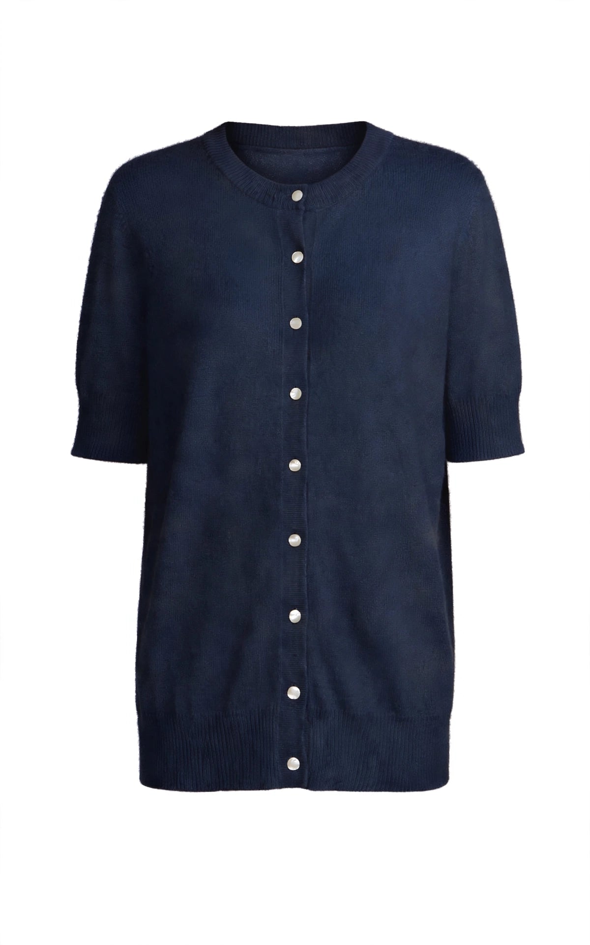 Cashmere Silk crew short sleeve cardigan sweater navy