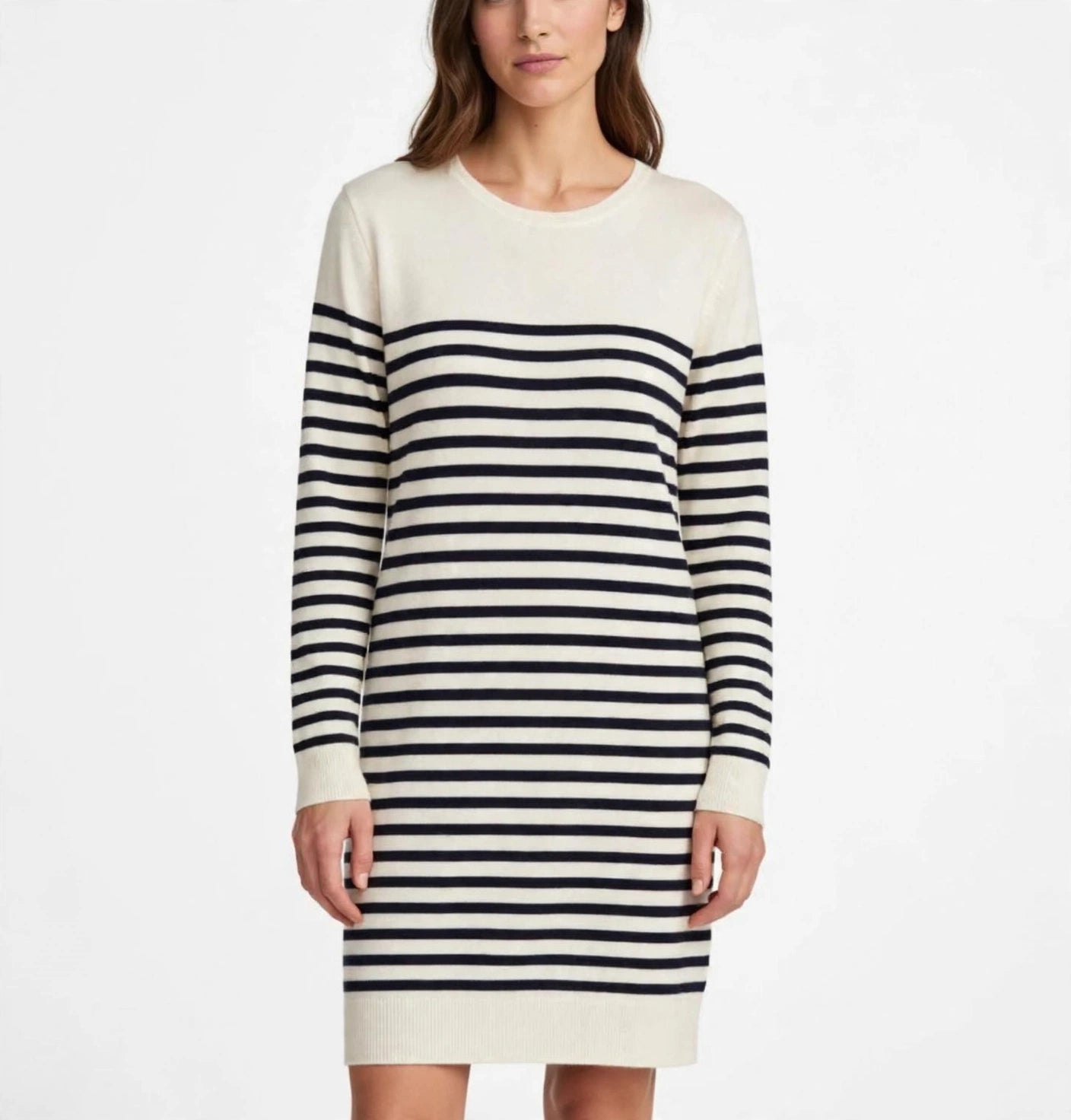 Cashmere silk crew neck sweater dress off white navy striped