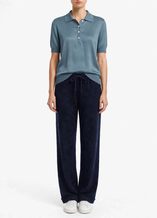 Cashmere polo Silk crew short sleeve sweater dusty blue