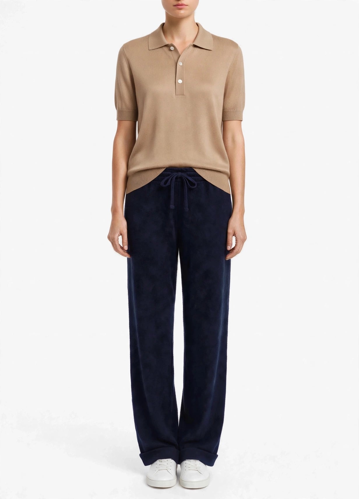 Cashmere polo Silk crew short sleeve sweater camel