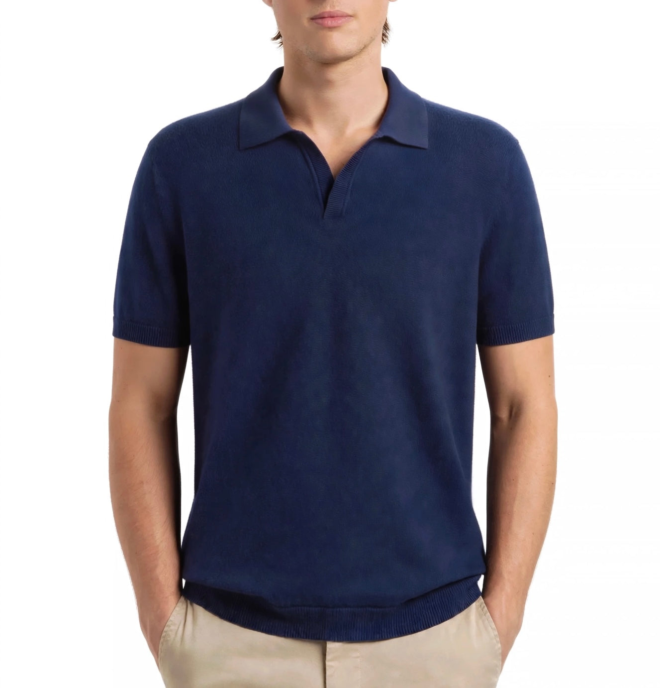 Men´s  Resort cashmere silk rib placket sweater short sleeve navy