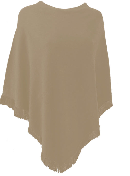 Cashmere poncho with short edge fringe camel