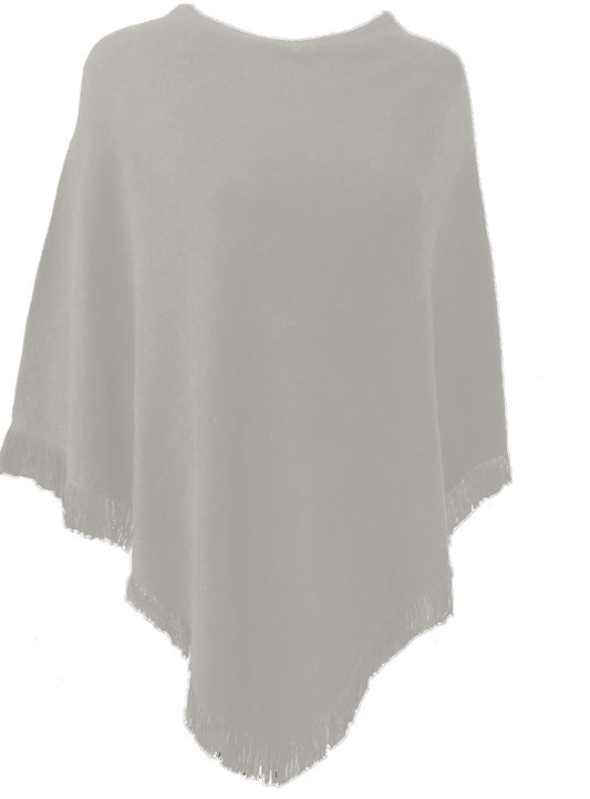 Cashmere poncho with short edge fringe light grey