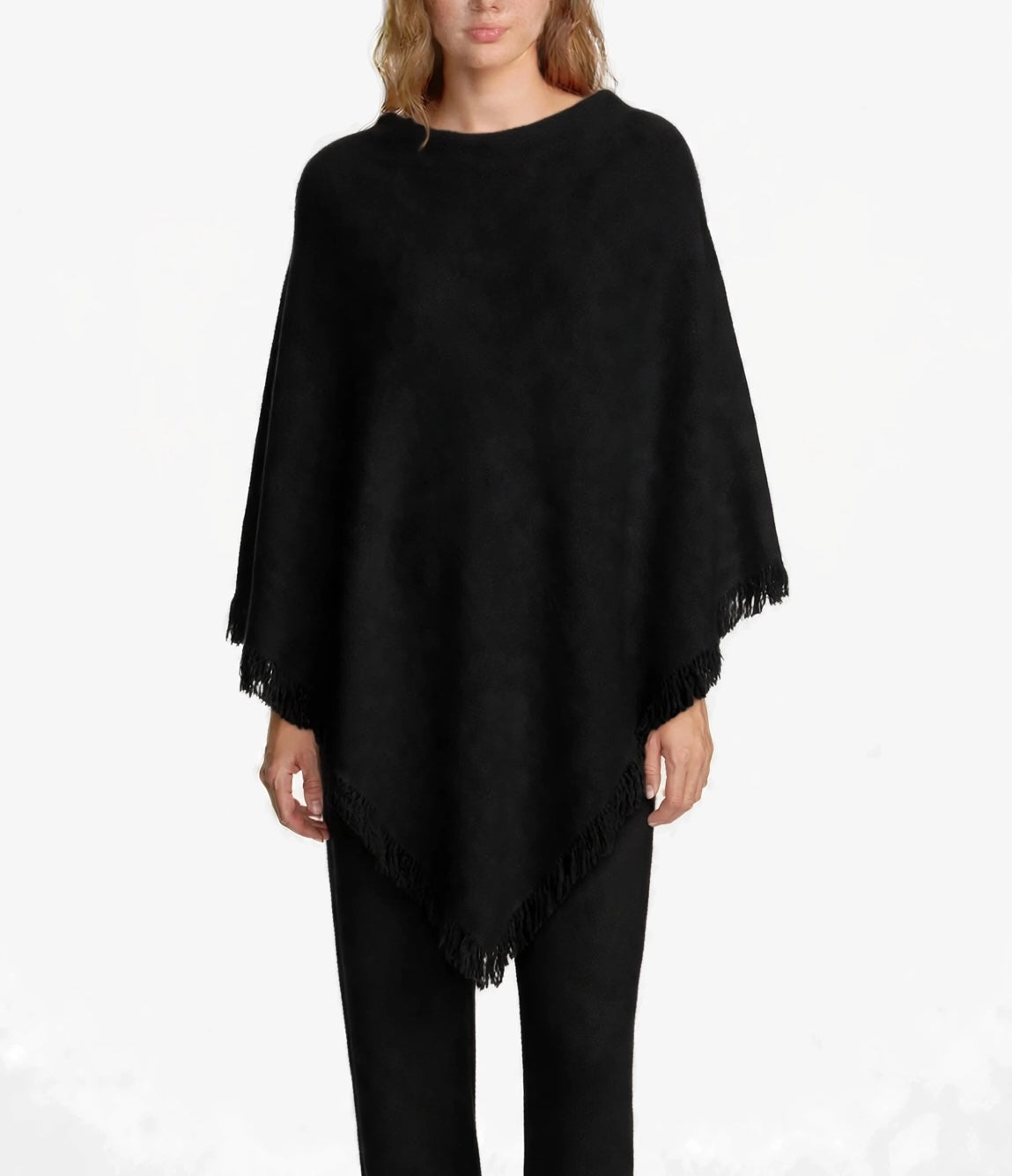 Cashmere poncho with short edge fringe off white