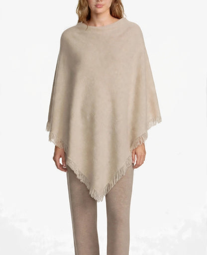 Cashmere poncho with short edge fringe off white