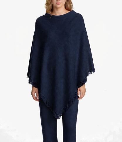 Cashmere poncho with short edge fringe navy