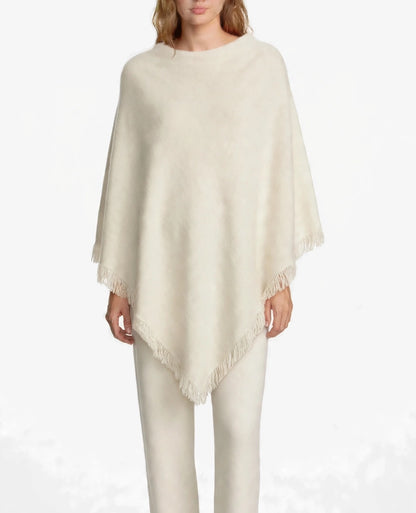 Cashmere poncho with short edge fringe off white