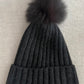 Cashmere beanie with fur pom pom dark grey