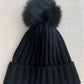Cashmere beanie with fur pom pom dark grey