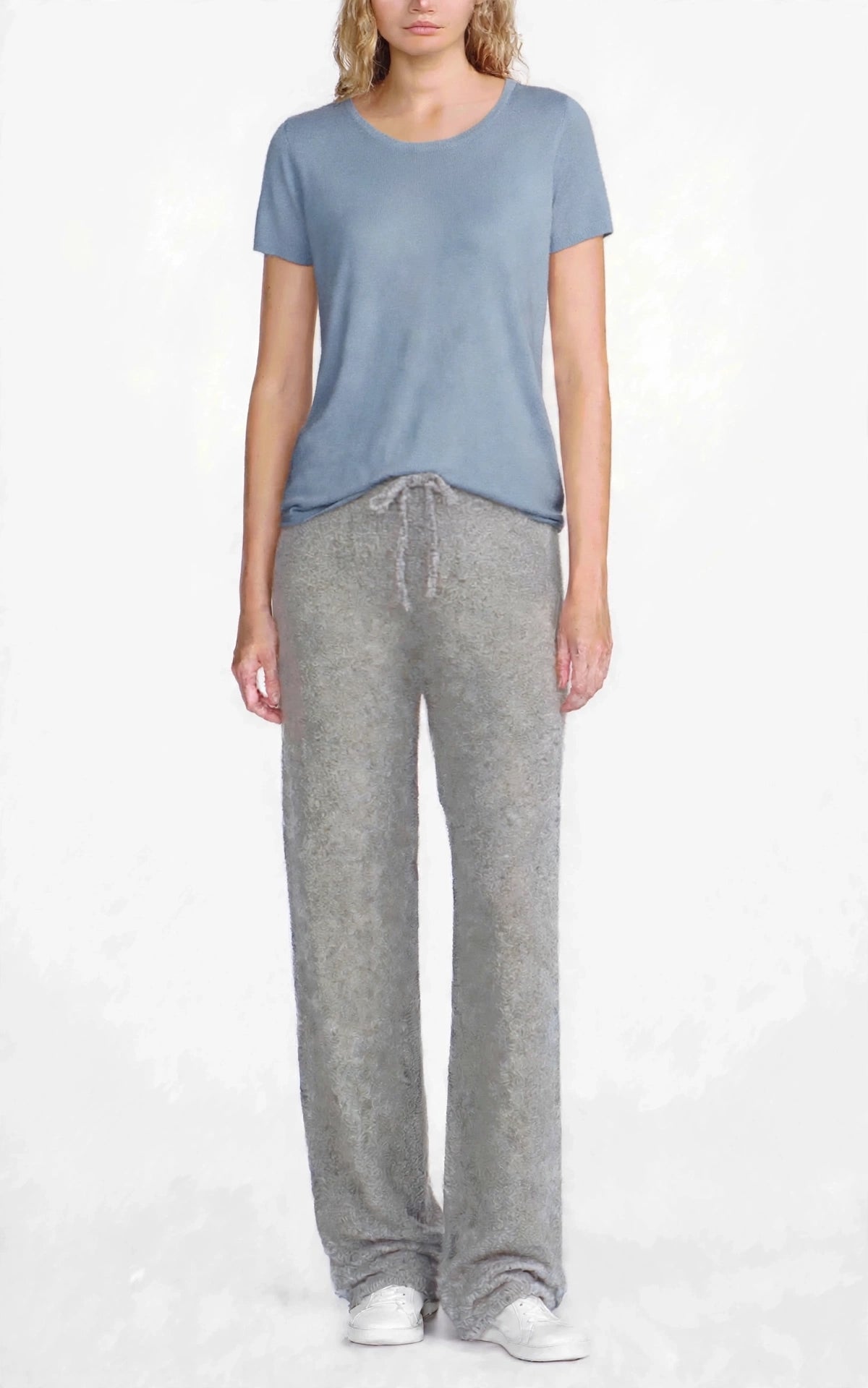 Cashmere Silk crew short sleeve t shirt sweater light grey