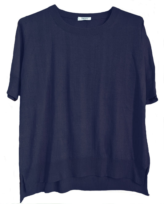 Cashmere silk crew short sleeve sweater navy