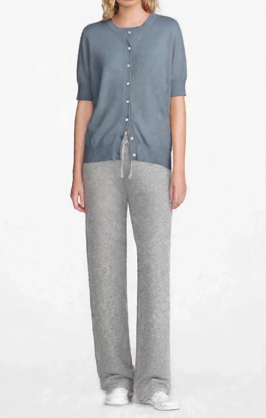 Cashmere Silk crew short sleeve cardigan sweater blue grey