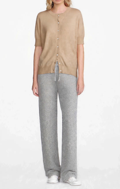 Cashmere Silk crew short sleeve cardigan sweater camel