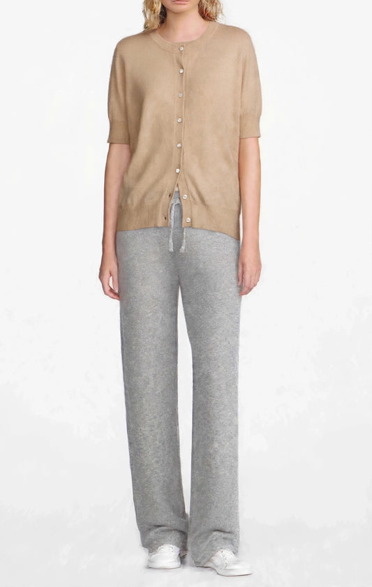 Cashmere Silk crew short sleeve cardigan sweater camel