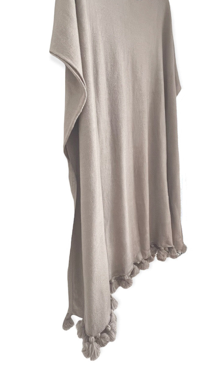 Resort cashmere Silk poncho cover up tassels taupe