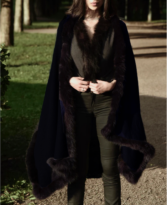 Cashmere shawl cape with fur black