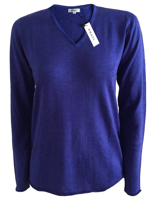 Cashmere silk V neck t shirt sweater intense blue
