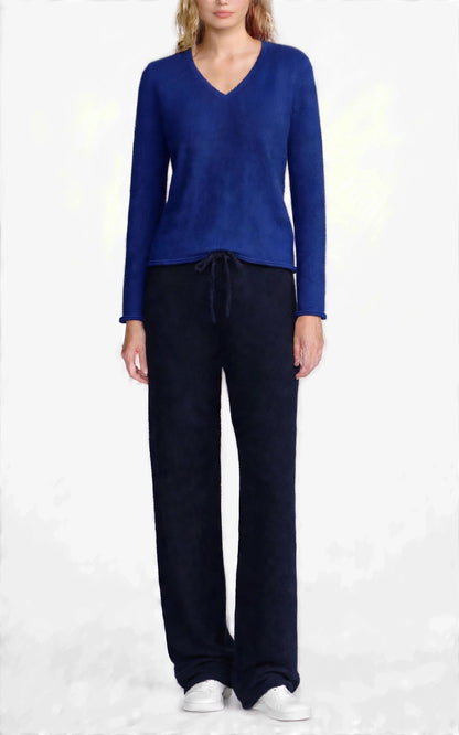 Cashmere silk V neck t shirt sweater intense blue