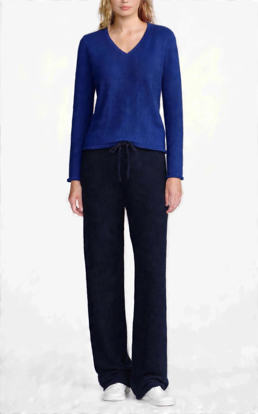 Cashmere silk V neck t shirt sweater intense blue
