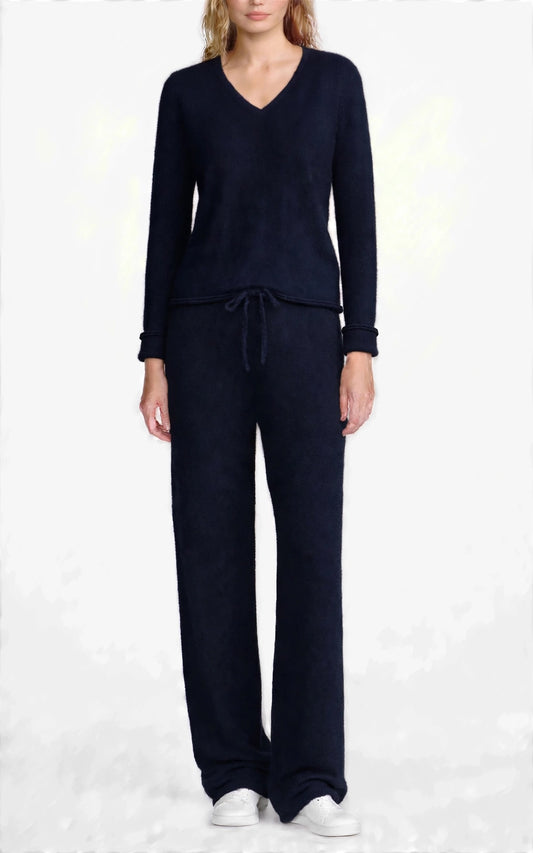 Cashmere silk V neck t shirt sweater navy