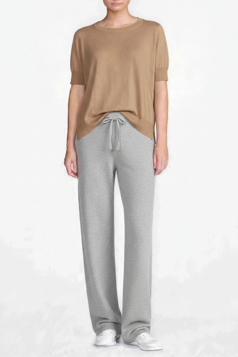 Camel top with grey melange pants same model pose