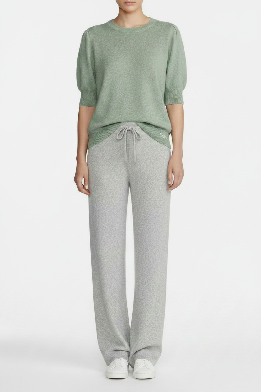 Eucalyptus top with exact ghost mannequin sleeve shape and grey melange pants