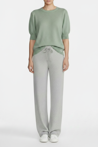 Eucalyptus top with exact ghost mannequin sleeve shape and grey melange pants