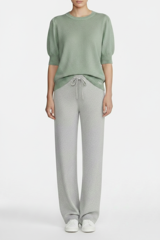 Eucalyptus top with exact ghost mannequin sleeve shape and grey melange pants