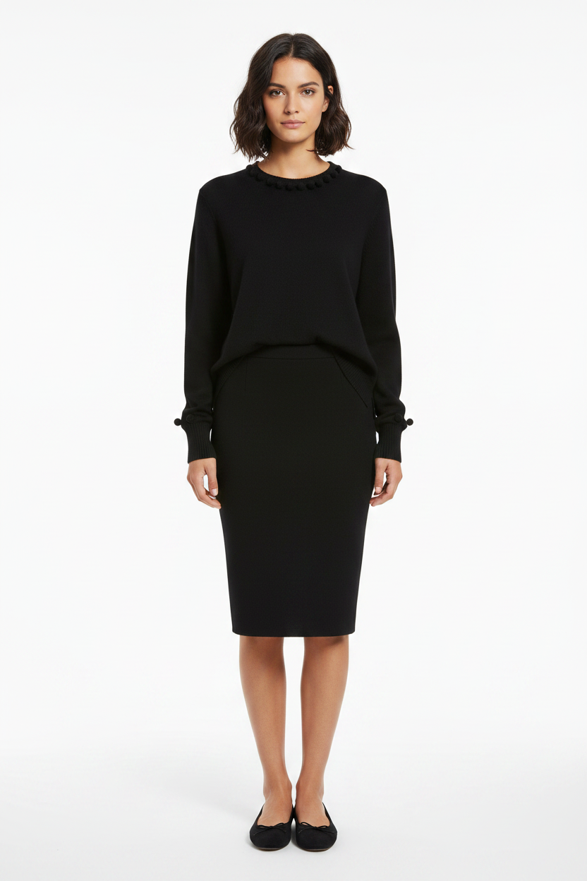 PC92 Black Pom Pom Sweater - Black Pencil Skirt & Ballerina Flats