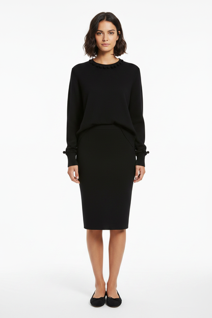 PC92 Black Pom Pom Sweater - Black Pencil Skirt & Ballerina Flats