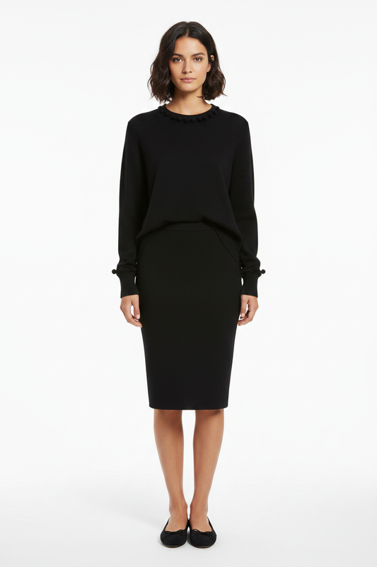 PC92 Black Pom Pom Sweater - Black Pencil Skirt & Ballerina Flats