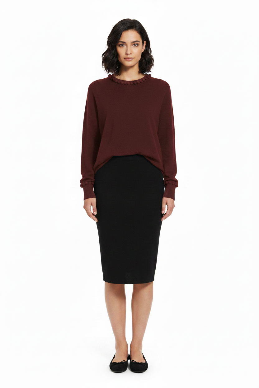 PC92 Bordeaux Pom Pom Sweater - Black Pencil Skirt & Ballerina Flats