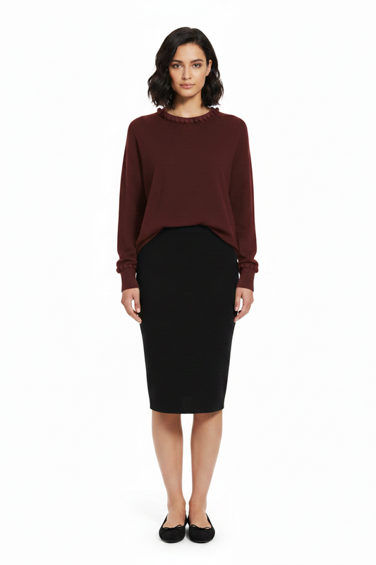 PC92 Bordeaux Pom Pom Sweater - Black Pencil Skirt & Ballerina Flats