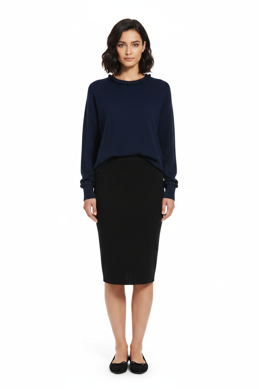 PC92 Navy Pom Pom Sweater - True Black Pencil Skirt & Ballerina Flats