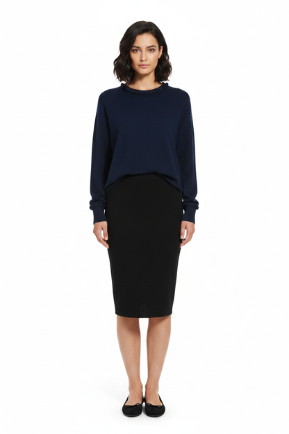 PC92 Navy Pom Pom Sweater - True Black Pencil Skirt & Ballerina Flats