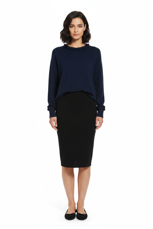 PC92 Navy Pom Pom Sweater - True Black Pencil Skirt & Ballerina Flats