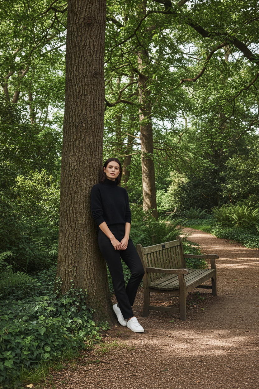 Woman in black cashmere in park