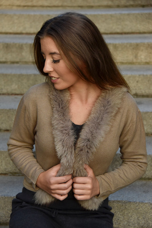 Cashmere cardigan with fur camel