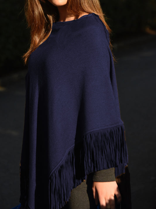 Cashmere poncho with fringe navy