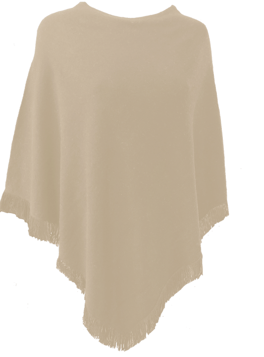 Cashmere poncho with short edge fringe camel