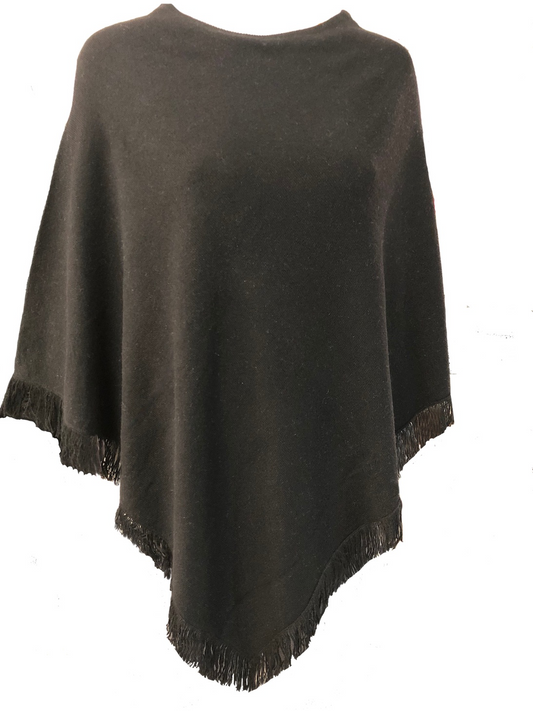 Cashmere poncho with short edge fringe black
