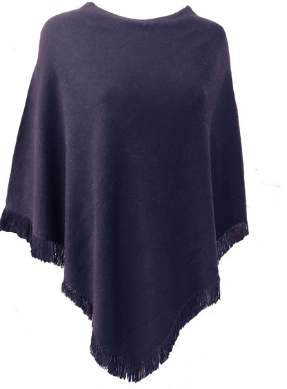 Cashmere poncho with short edge fringe black
