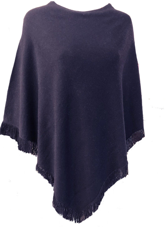 Cashmere poncho with short edge fringe navy