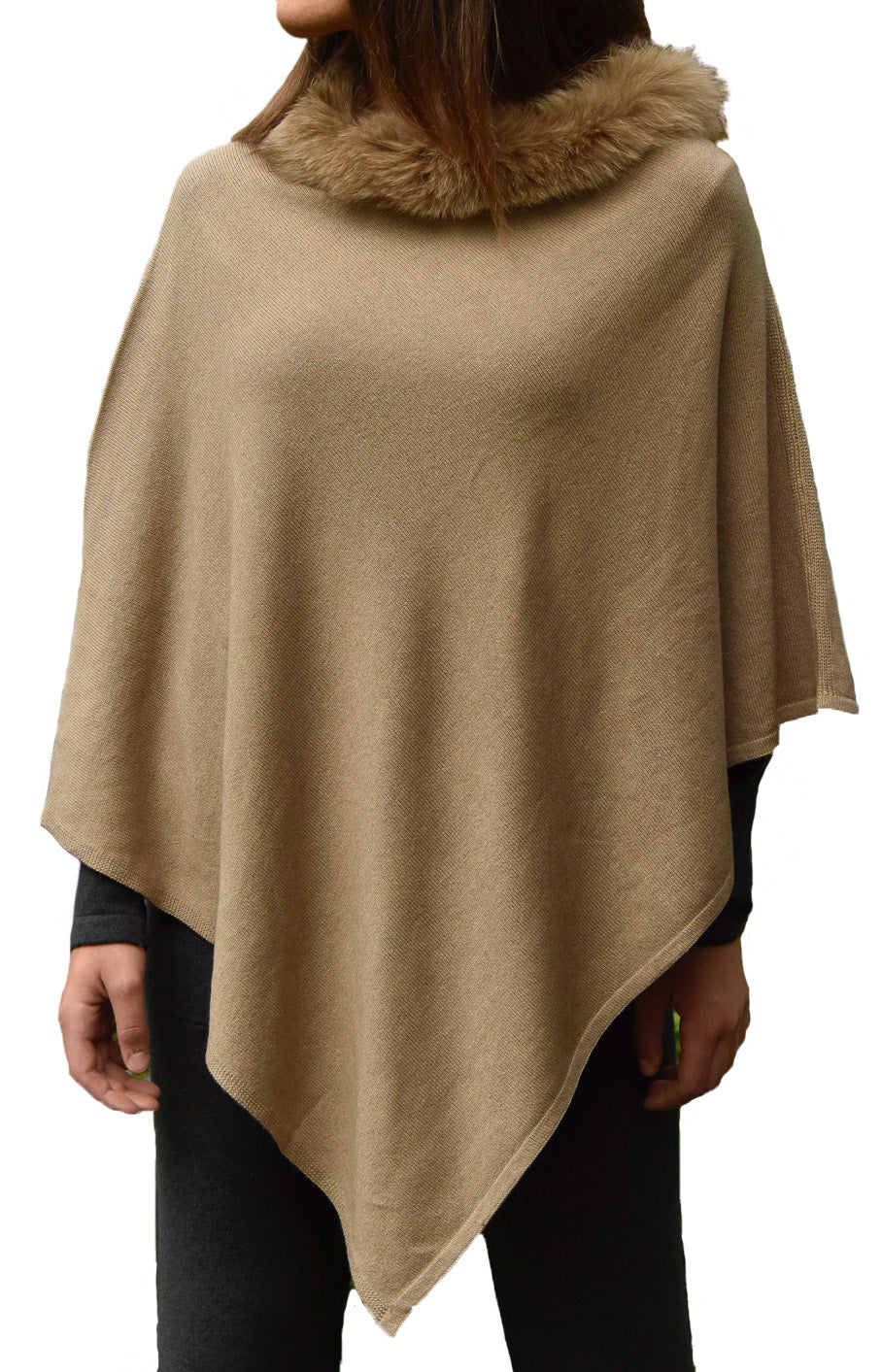 Cashmere poncho with fur collar grey