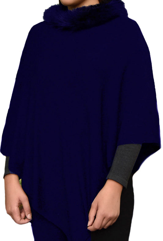 Cashmere poncho with fur collar navy
